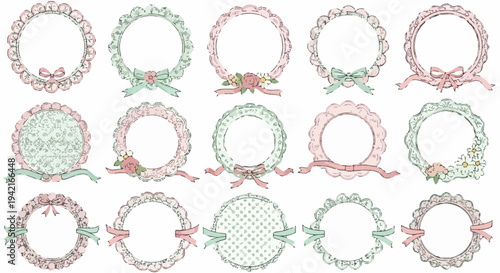 섬세한 레이스와 파스텔 리본, 작은 꽃 장식으로 우아하게 디자인된 다양한 빈티지 스타일 둥근 프레임 컬렉션으로, 초대장, 스크랩북, 디자인 요소로 활용하기 좋습니다.