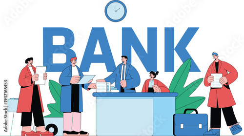 Bank Service Concept with Professional Staff Characters and Customer Financial Transaction