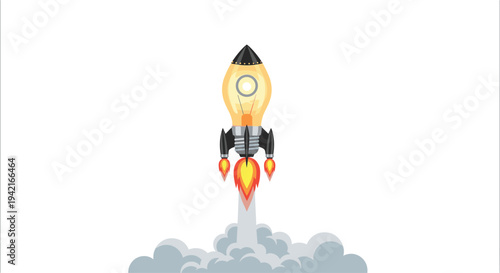 A light bulb-shaped rocket with a black nose cone and fins is launching upwards, emitting bright orange flames and a grey smoke plume against a white background.