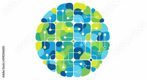 생동감 넘치는 파란색과 녹색의 유기적 형태들이 정교하게 연결된 회로망을 이루며, 인공지능, 디지털 기술, 복잡한 사고 과정을 시각적으로 표현하는 추상적인 구형 디자인.