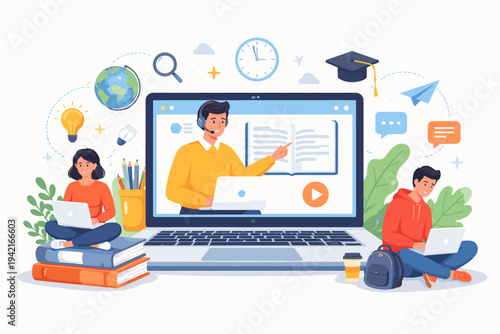 Online Education Concept with Students Learning via Laptop. Male Teacher Giving a Virtual Lesson on Screen. Girl and Boy Studying Remotely with Computers and Books. Flat Vector Illustration.