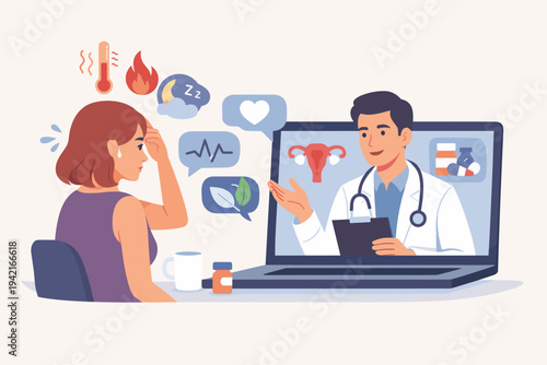 Vector Illustration of a Woman Having an Online Medical Consultation with a Doctor via Laptop for Menopause Symptoms like Hot Flashes, Insomnia, and Hormonal Changes in a Simple Flat Design Style