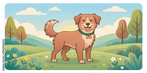 Cartoon Dog Standing in Green Field.