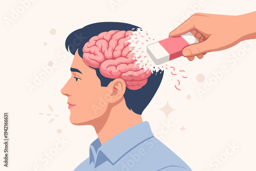 Conceptual vector illustration of a hand erasing a human brain, representing memory loss, Alzheimer's disease, dementia, amnesia, cognitive decline, mental health, and brain health awareness.