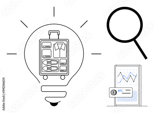 Packed luggage in light bulb for travel ideas, magnifying glass for research, and smartphone with Bitcoin chart for financial planning. Ideal for travel, research, innovation, finance
