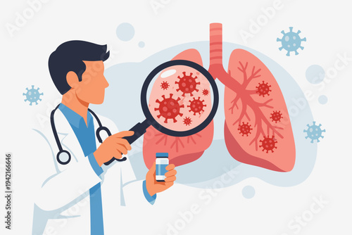 Professional doctor analyzing lungs with magnifying glass showing coronavirus infection, holding vaccine vial for treatment, medical research on respiratory disease, healthcare vector concept.