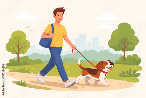 Happy young man walking his beagle dog on a red leash in a sunny city park. Flat vector illustration of a male pet owner enjoying a stroll outdoors with his puppy on a path with trees.