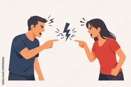 Angry Man and Woman Having a Heated Argument and Blaming Each Other, Couple in Conflict Pointing Fingers and Shouting, Relationship Problems and Domestic Dispute Flat Vector Illustration
