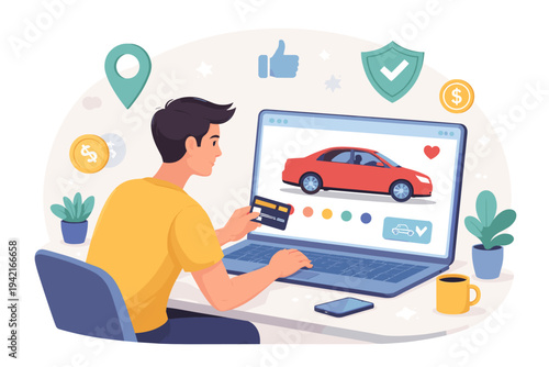 Young man purchasing a red car online via laptop and credit card, flat vector illustration of digital automotive marketplace, e-commerce car shopping, and secure vehicle payment process.