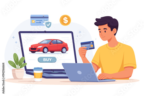 Young Man Buying a New Red Car Online Using a Credit Card and Laptop, Flat Vector Illustration of E-commerce, Digital Payment, Automotive Marketplace, and Secure Online Shopping Experience.