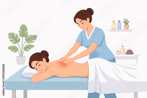 Woman receiving a professional healing massage from a therapist to treat a sore back and muscle pain in a relaxing spa setting, flat vector illustration for wellness and healthcare concepts.