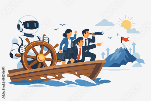Robot steering boat with business team towards mountain peak with flag, artificial intelligence leading business success, automation in leadership, future technology guiding professional growth