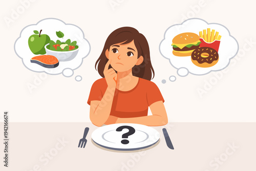 Woman sitting at table with empty plate and question mark, contemplating diet choices between healthy options like salad, salmon, apple and junk food like burger, fries, donut vector illustration