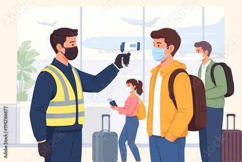 Security worker in a face mask and safety vest checking the body temperature of passengers with a non-contact infrared thermometer at an airport terminal during a pandemic health screening.