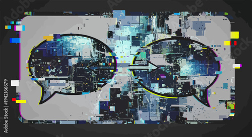 디지털 글리치와 노이즈 효과가 가득한 두 개의 대화 상자가 복잡한 정보 교환과 현대 기술 통신의 혼란스러운 측면을 추상적으로 표현합니다.