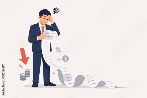 Sad Businessman in Suit Holding a Long Financial Bill or Receipt, Stressed Man Worried About Debt, Bankruptcy, Inflation, and High Expenses, Flat Vector Illustration of Economic Crisis and Loss.