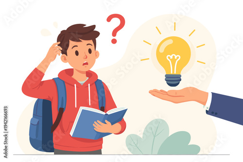 Vector illustration of a confused student boy with a backpack and book, scratching his head with a question mark, being offered a bright light bulb idea solution by a mentor or teacher's hand.
