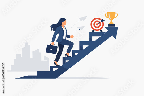 Ambitious Businesswoman Climbing a Career Ladder Staircase Towards Success with a Trophy and Target. Flat Vector Illustration of Professional Growth, Goal Achievement, and Female Leadership.