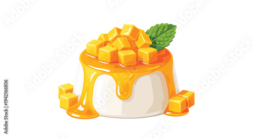 A white panna cotta is adorned with dripping mango sauce, numerous mango cubes, and a fresh mint leaf on a pristine white background.