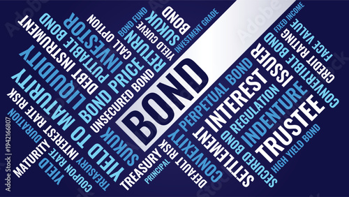 Bond Word Cloud Design for Poster, Wall Art, Investor Education Banner, Finance Classroom Decor. Bond diagonal blue finance typography
