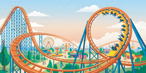 Vibrant Orange Roller Coaster in Amusement Park.