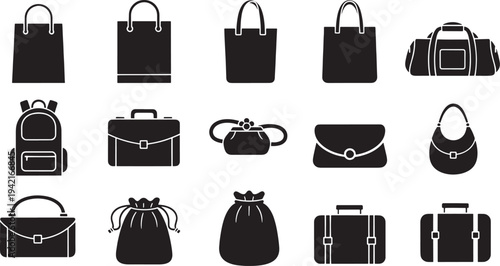 Collection of black silhouette of various bags and luggage on white background handbag tote bag shopping bag