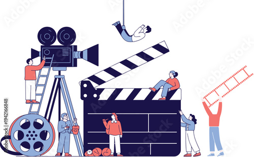 Film Production and Cinematography Concept with Tiny Crew Working on Giant Camera and Clapperboard Vector Illustration