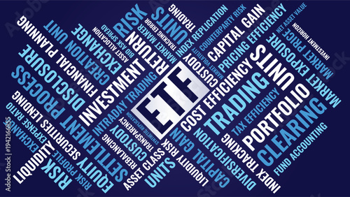 ETF Word Cloud Design for Poster, Wall Art, Investor Education Banner, Finance Classroom Decor. ETF diagonal blue finance typography