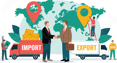 Global Import and Export Business Concept with Businessmen Shaking Hands and Delivery Trucks