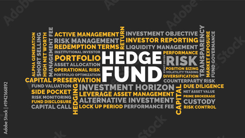 Hedge Fund Word Cloud Design for Poster, Wall Art, Investor Education Banner, Finance Classroom Decor. Hedge Fund bold dark finance typography