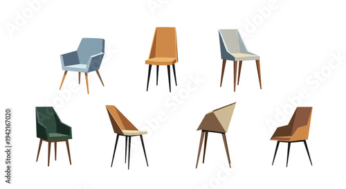 Eight distinct modern chairs, featuring various designs and color schemes, are neatly arranged in two rows on a clean white background.
