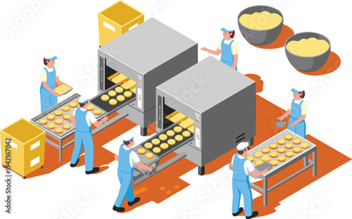 Industrial Bakery Production Line with Workers Operating Automated Ovens and Conveyor Belts