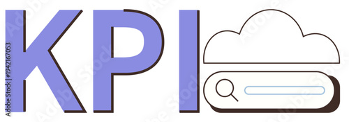 Business performance, data analysis, cloud computing, productivity tracking, technology solutions, digital strategy. KPI letters with a cloud and search bar illustration. Business performance