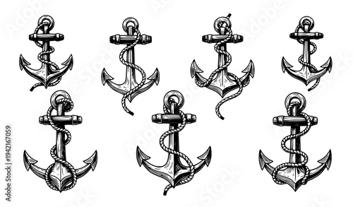 Hand Drawn Nautical Anchor Set with Rope Knots – Vintage Maritime Vector Illustrations