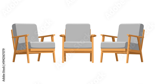 Three identical modern armchairs with light grey cushions and light brown wooden frames are arranged side-by-side on a pristine white background.