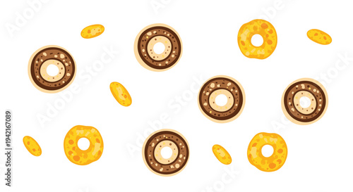 Various breakfast cereal pieces, including dark brown rings, yellow rings, and yellow ovals, are scattered across a clean white background.