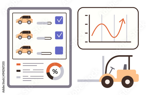 Logistics, data analysis, inventory systems, fleet management, business strategy, vehicle tracking. Chart with upward trend, checklist forklift. Logistics and data analysis visual concept