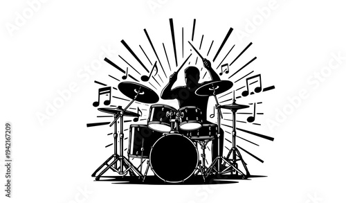 Music Drummer Silhouette Illustration – Drum Kit with Floating Notes and Radial Burst