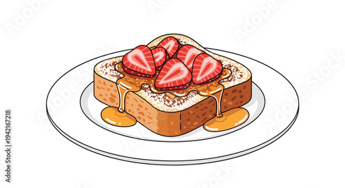 A single piece of golden-brown French toast, dusted with powdered sugar, is topped with five strawberry halves and golden syrup, served on a round white plate against a clean white background.