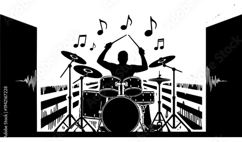 Rock Drummer Silhouette with Drum Set – Musical Notes Radial Background Vector