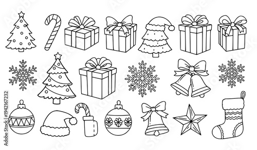 Christmas and Winter Holiday Line Art Icon Set – Coloring Book Style Vector Collection