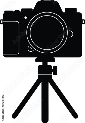 Black silhouette of digital camera on tripod isolated on white background for photography concepts
