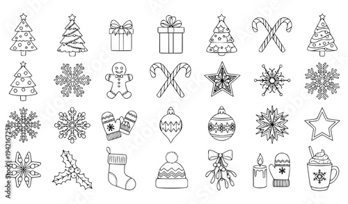 Winter Holiday Coloring Icons – Christmas Line Art Elements Vector Set