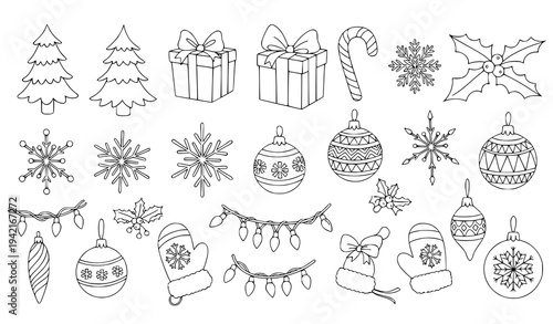 Hand Drawn Christmas Icon Collection – Winter Holiday Coloring Line Art Vector