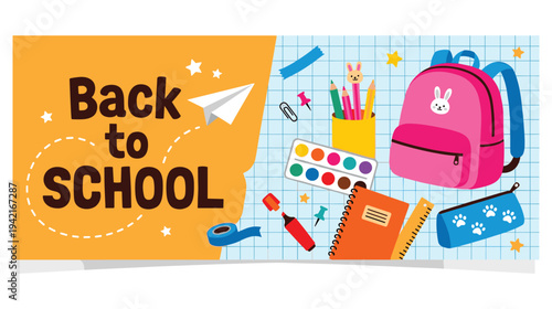 Back to school banner with supplies flat vector illustration education time