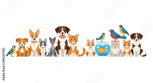 A diverse horizontal line-up of cartoon pets, including various dog breeds, cats, small birds, and a goldfish in a bowl, are depicted standing side-by-side against a clean white background.