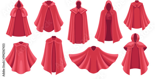 Set of Red Fantasy Cloaks and Hooded Capes for Medieval Costume and Character Design