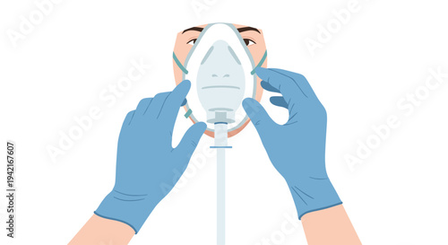A pair of hands, clad in bright blue medical gloves, are shown from a first-person perspective, gently adjusting a white and blue oxygen mask onto a person's face against a plain white background.