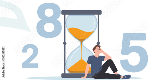 Time Management Concept with Man Sitting by Hourglass and Large Numbers for Deadline
