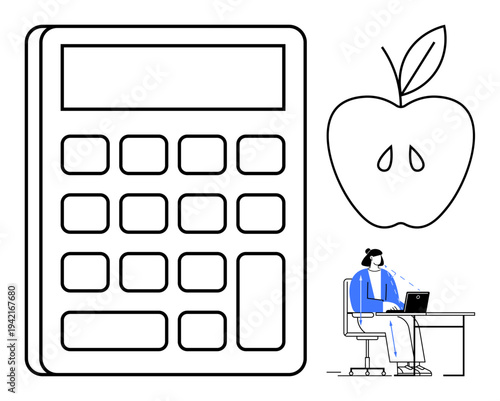 Digital learning concept. Education enhanced by technology a calculator, symbolic apple for knowledge, and a student working on a laptop. For e-learning, remote education, knowledge sharing, academic